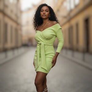 The Line by K Saloma Lime Green Ribbed Off-Shoulder Wrap Mini Dress XS